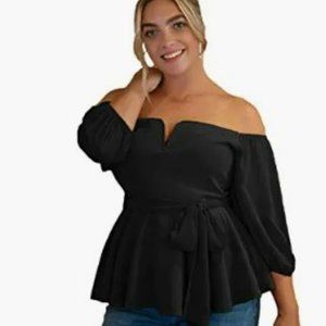 Floerns Women's Plus Size Off The Shoulder Belted Peplum Blouse Top